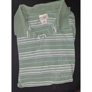 LL Bean Classic Polo Shirt Mens Large Green White Stripes Cotton Short Sleeve
